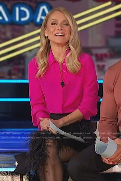 Kelly's pink blouse and feather trim skirt on Live with Kelly and Mark