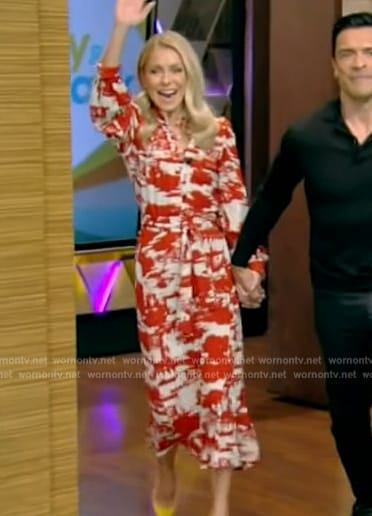 Kelly’s red abstract print dress on Live with Kelly and Mark