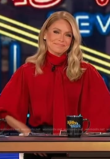 Kelly’s red tie neck blouse on Live with Kelly and Mark