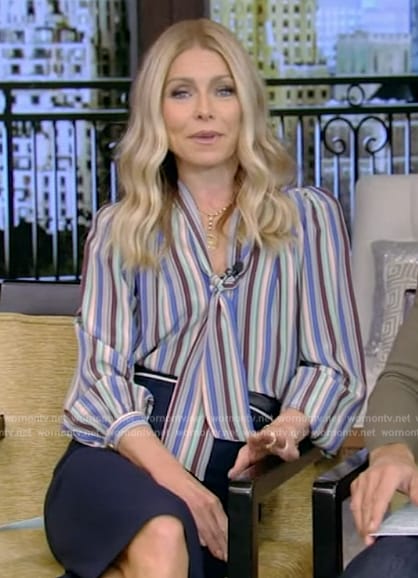 Kelly's stripe tie neck blouse on Live with Kelly and Mark