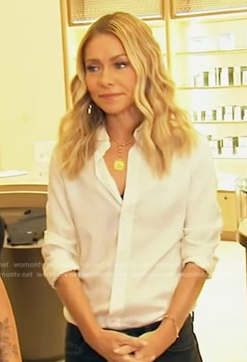 Kelly's white striped blouse on Live with Kelly and Mark