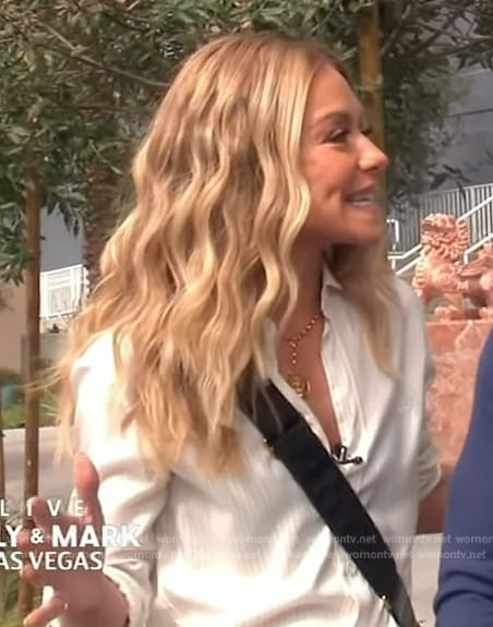 Kelly’s white striped blouse on Live with Kelly and Mark