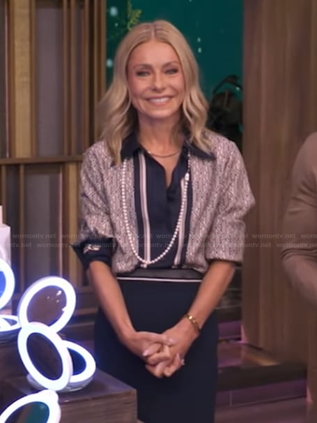 Kelly's printed blouse and skirt on Live with Kelly and Mark