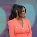 Kenya Moore’s coral button front dress on Access Hollywood