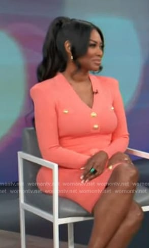 Kenya Moore’s coral button front dress on Access Hollywood