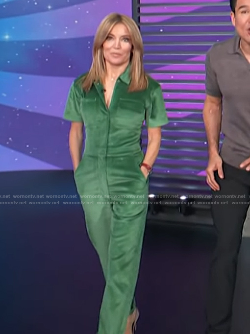 Kit's green corduroy utility jumpsuit on Access Hollywood