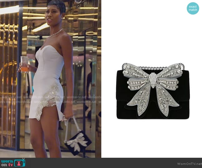 Kurt Geiger Shoreditch Small Rhinestone Bow Crossbody worn by Kiki Barth (Kiki Barth) on The Real Housewives of Miami