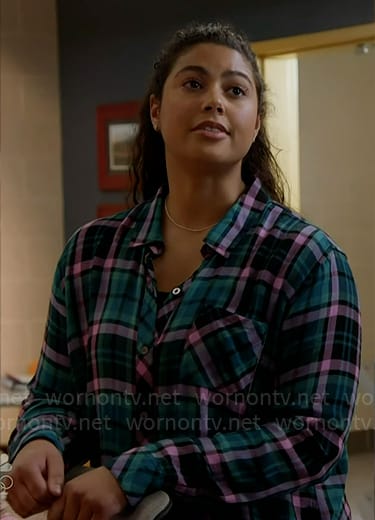 Kylie’s green and pink plaid shirt on Chicago Fire