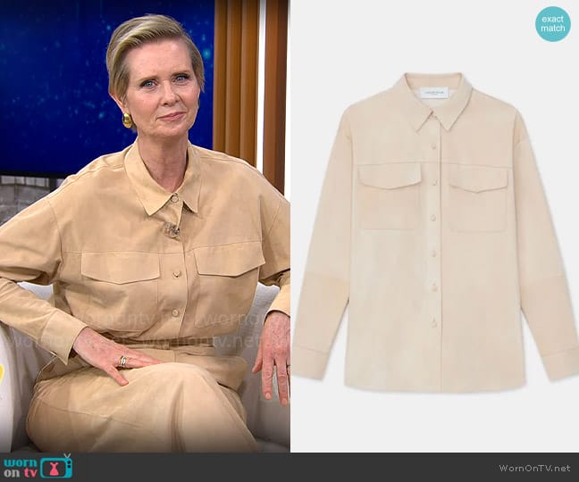 Lafayette 148 New York Paperfine Suede Shirt Jacket worn by Cynthia Nixon on CBS Mornings