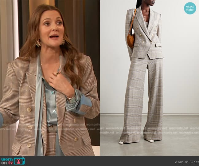 L'Agence Kenzie double-breasted checked metallic jacquard blazer worn by Drew Barrymore on The Drew Barrymore Show