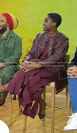 Lashana Lynch's burgundy cutout dress and grommet leather jacket on Today