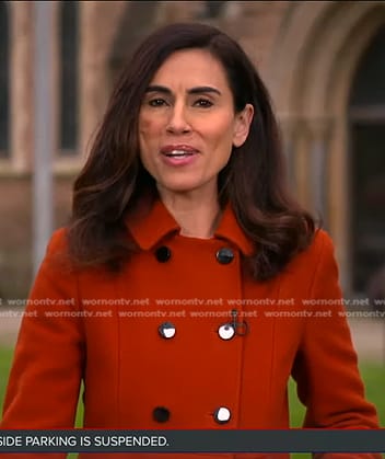 Lama Hasan’s orange double breasted coat on Good Morning America