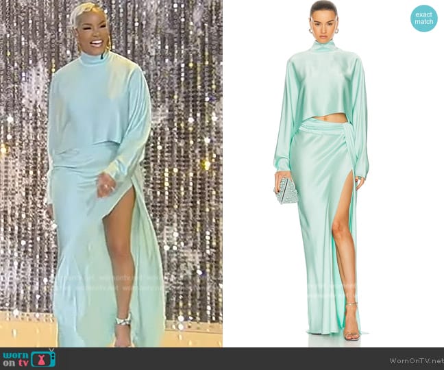 Lapointe Doubleface Satin Crop Caftan Top worn by Letoya Luckett on Tamron Hall Show