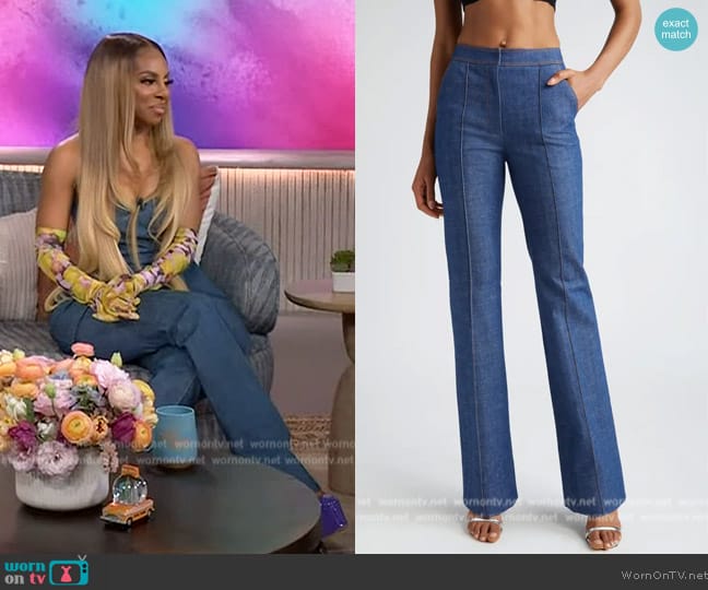 LaQuan Smith High-Rise Pintuck Straight-Leg Denim Trousers worn by Candiace Dillard Bassett on The Kelly Clarkson Show