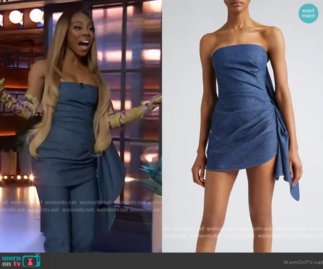 LaQuan Smith Strapless Ruched Denim Cocktail Minidress worn by Candiace Dillard Bassett on The Kelly Clarkson Show