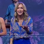 Lara’s blue feather print blouse and leather pants on Good Morning America