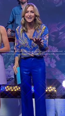 Lara's blue feather print blouse and leather pants on Good Morning America