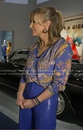 Lara's blue feather print blouse and leather pants on Good Morning America