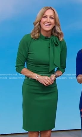 Lara’s green tie neck sheath dress on Good Morning America