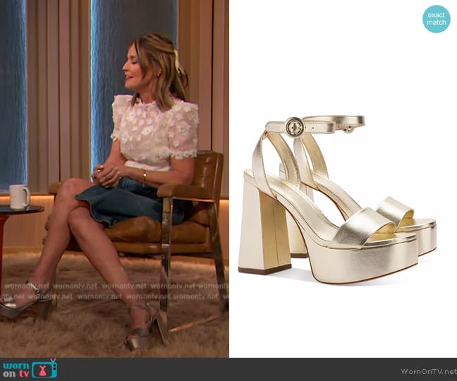 Larroude Dolly High Heel Platform Sandals worn by Savannah Guthrie on The Drew Barrymore Show