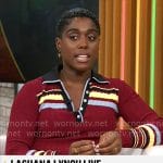 Lashana Lynch’s red striped polo top and skirt set on CBS Mornings