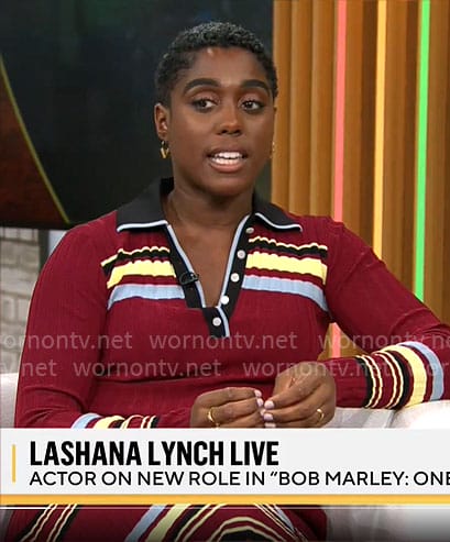 Lashana Lynch's red striped polo top and skirt set on CBS Mornings