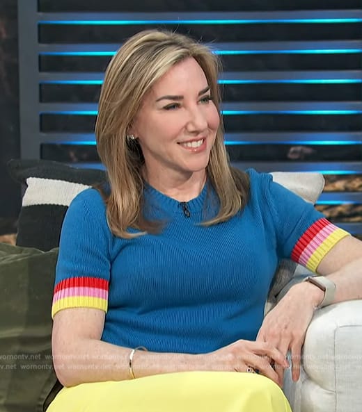 Laura Gassner Otting's blue stripe sleeve sweater on Access Hollywood