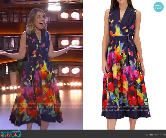 Lela Rose Margot Watercolor Navy Floral Poplin Dress worn by Savannah Guthrie on The Kelly Clarkson Show