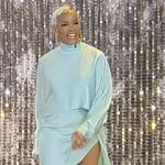 Letoya Luckett’s turquoise satin top and skirt on Tamron Hall Show