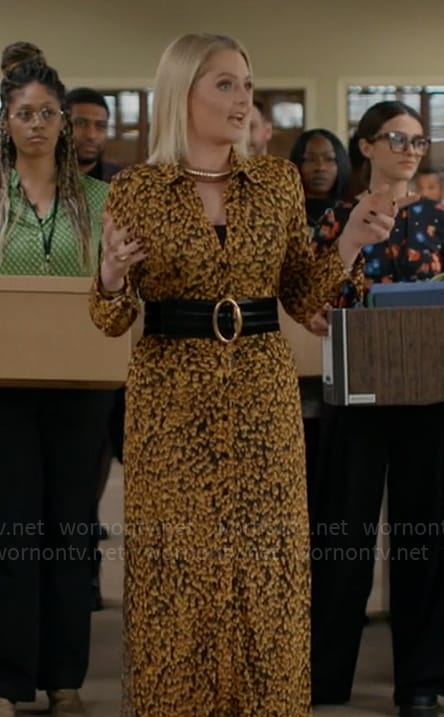 Lexi's yellow and black printed midi dress on Not Dead Yet