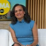 Linsey’s blue mock neck top and skirt on Good Morning America