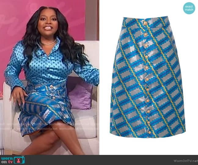  Frankie Blue Trench Print Silk Jacquard Midi Skirt Lisou worn by Sherri Shepherd on Sherri