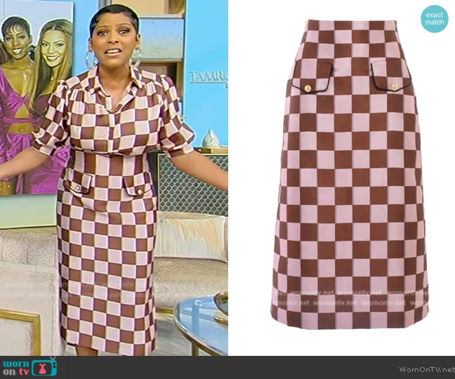 Lisou Iona Pink Brown Puzzle Print Silk Jacquard Midi Skirt worn by Tamron Hall on Tamron Hall Show