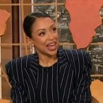 Liza Koshy’s navy pinstripe top and coat on The Drew Barrymore Show