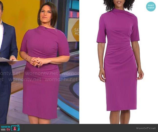 Maggy London Mock Neck Short Sleeve Draped Midi Sheath Dress worn by Dana Jacobson on CBS Mornings