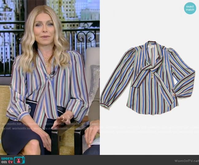 WornOnTV: Kelly’s stripe tie neck blouse on Live with Kelly and Mark ...