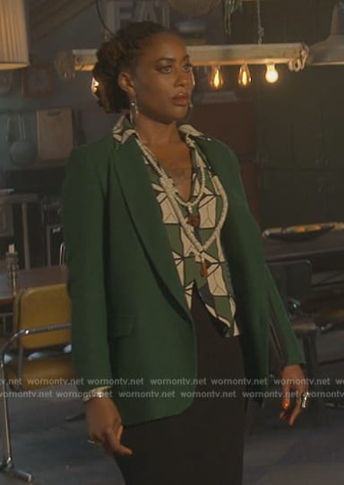 Malika's green printed blouse on Good Trouble