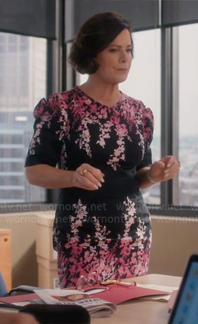 Margaret's black and pink ombre floral dress on So Help Me Todd