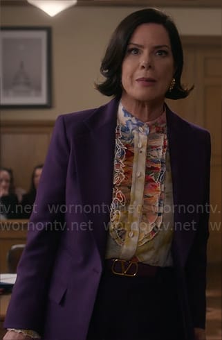 Margaret's purple suit, floral ruffled blouse and yellow crystal earrings on So Help Me Todd