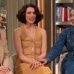 Margaret Qualley’s beige suede vest and skirt on The Drew Barrymore Show