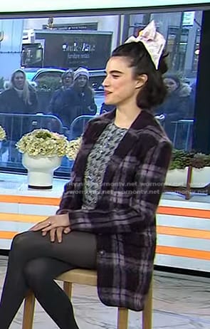 Margaret Qualley’s sequin top and plaid mohair jacket on Today