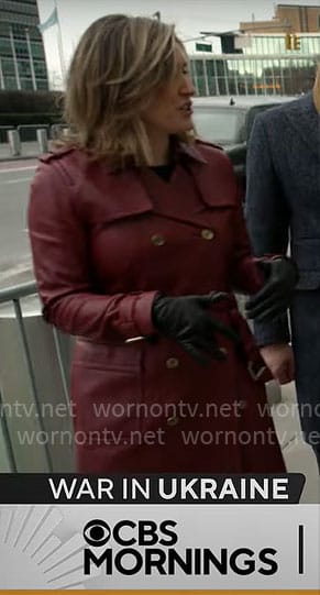 Margaret Brennan's red leather trench coat on CBS Mornings