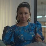 Mariana’s blue floral metallic puff sleeve dress on Good Trouble