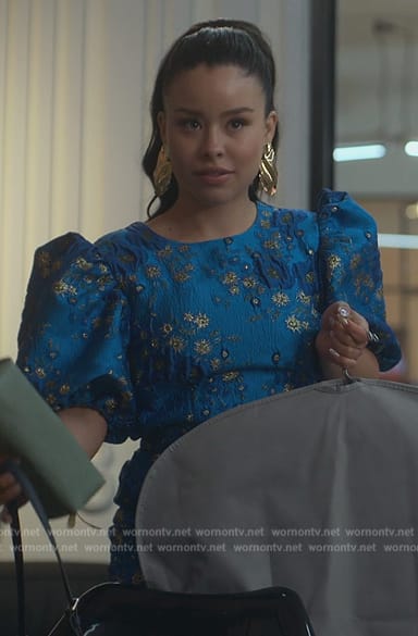 Mariana's blue floral metallic puff sleeve dress on Good Trouble