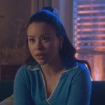 Mariana’s blue contrast tipped sweater on Good Trouble