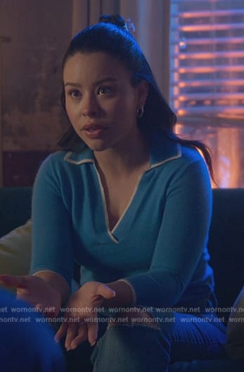Mariana's blue contrast tipped sweater on Good Trouble
