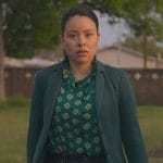 Mariana’s green printed ruffle neck top on Good Trouble