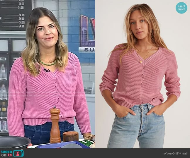 Marine Layer Ezra V-Neck Sweater in Light Mauve worn by Siri Daly on Today