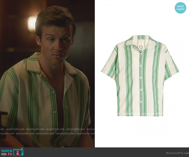 Marrakshi Life Oversized Striped Cotton Camp-Collar Shirt Green worn by Jack Cutmore-Scott (Jack Cutmore-Scott) on Death and Other Details