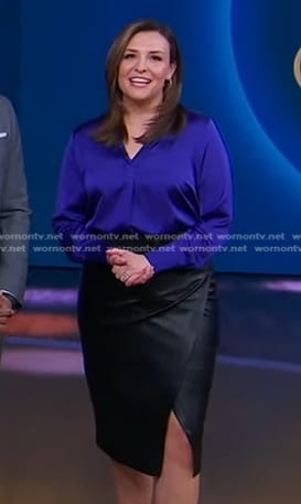 Mary's blue blouse and black leather wrap skirt on Good Morning America